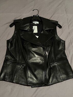 Vakko Black Leather Moto Vest - Size Small